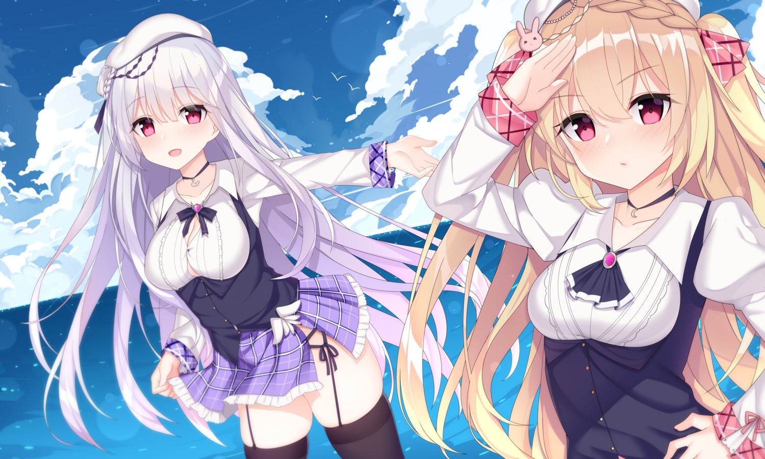 azur_lane, cleavage, crescent_(azur_lane), cygnet_(azur_lane), jyt, skirt_lift, stockings, thighhighs