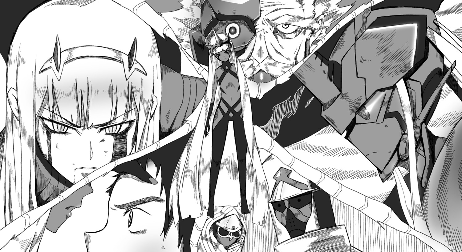 blood, code_001, darling_in_the_franxx, dr._franxx, hiro_(darling_in_the_franxx), horns, mecha, monochrome, no_bra, papa_(darling_in_the_franxx), phantom_(pixiv), strelizia, zero_two_(darling_in_the_franxx)