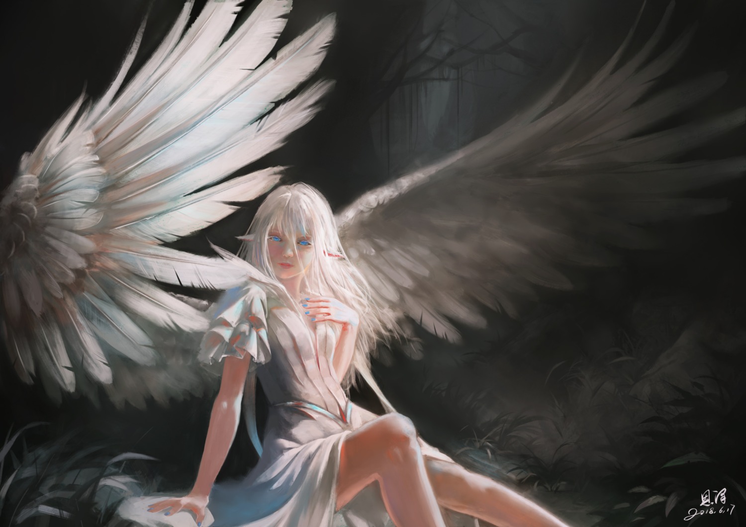 angel, breast_hold, pointy_ears, wings, xiaobanbei_milk