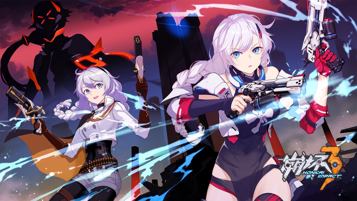 benghuai_xueyuan, gun, honkai_impact, kallen_kaslana, kiana_kaslana, pantyhose, thighhighs, uniform