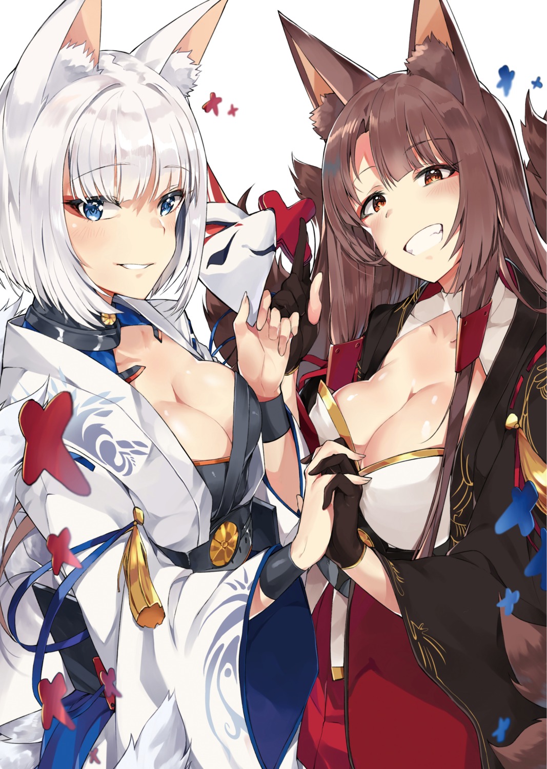 akagi_(azur_lane), animal_ears, azur_lane, cleavage, kaga_(azur_lane), kitsune, tail, tuxedo_de_cat