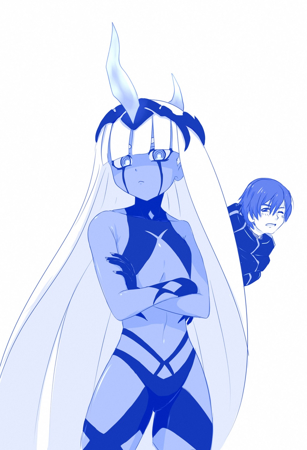 code_001, darling_in_the_franxx, hiro_(darling_in_the_franxx), horns, monochrome, monster_girl, no_bra, parody, viperxtr