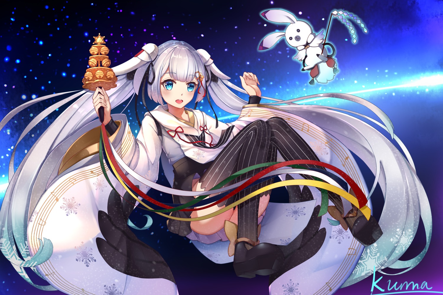hatsune_miku, japanese_clothes, kuma_(1547761808), thighhighs, vocaloid, yuki_miku