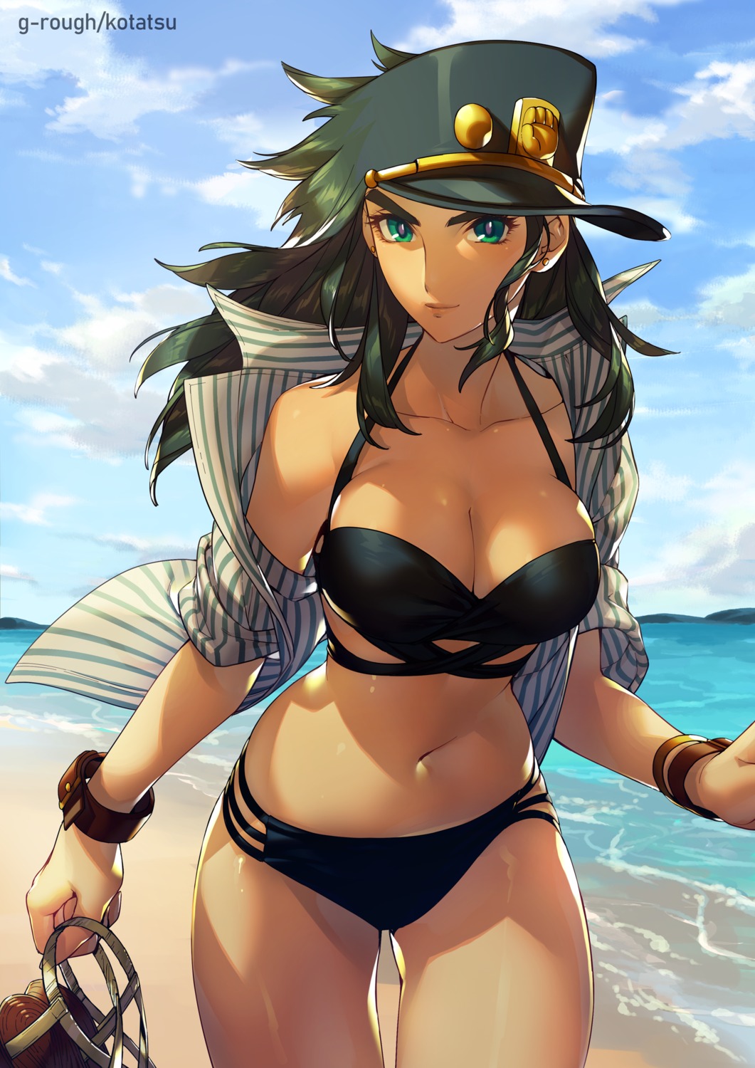 bikini, cleavage, genderswap, jojo_no_kimyou_na_bouken, jojo_no_kimyou_na_bouken_part_3:_stardust_crusaders, kotatsu_(g-rough), kuujou_joutarou, open_shirt