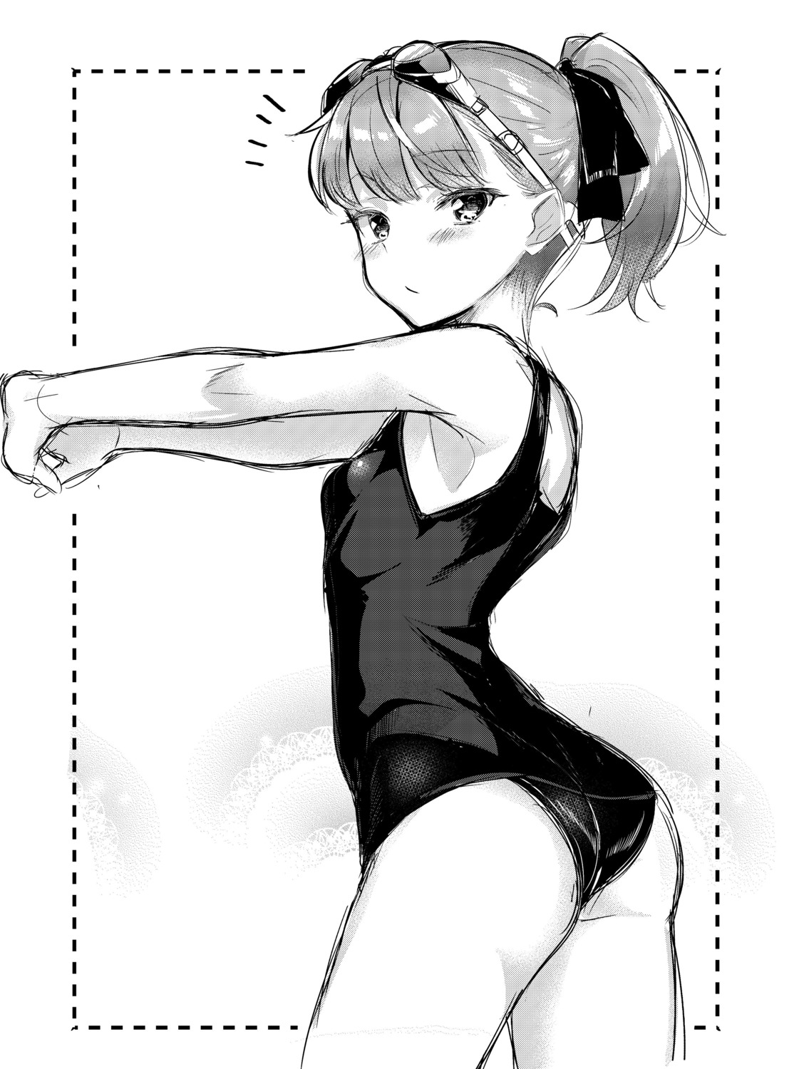 ass, fate/grand_order, helena_blavatsky_(fate), monochrome, nishimi_shin, school_swimsuit, swimsuits