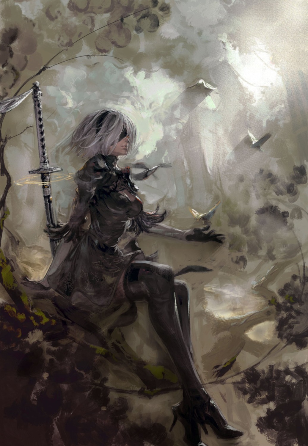 cleavage, dress, heels, kazama_raita, nier, nier_automata, sword, thighhighs, yorha_no.2_type_b