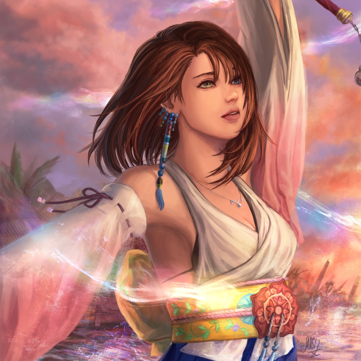 cleavage, dicesms, final_fantasy, final_fantasy_x, heterochromia, japanese_clothes, yuna
