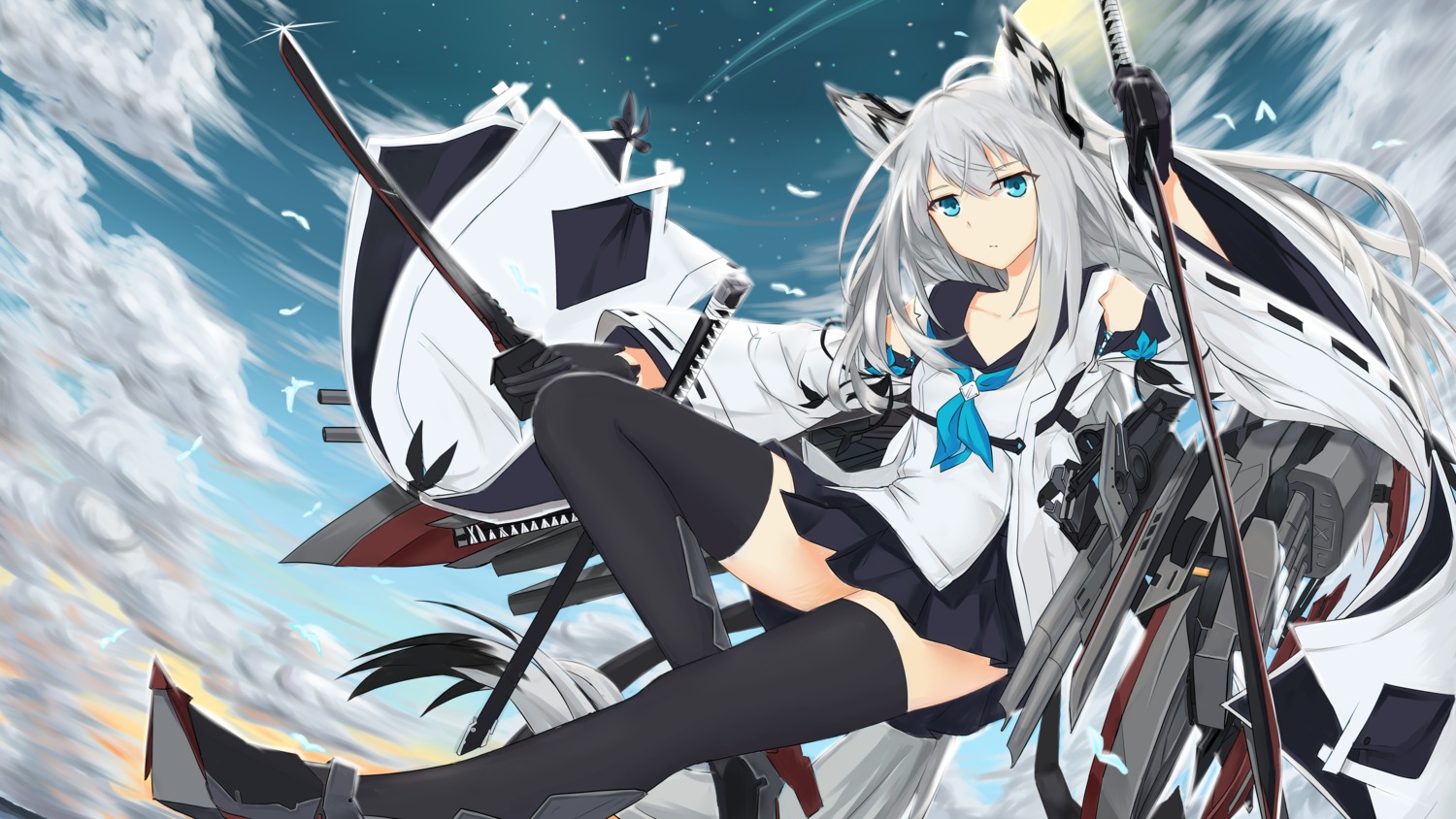 along, animal_ears, azur_lane, heels, kawakaze_(azur_lane), seifuku, sword, thighhighs