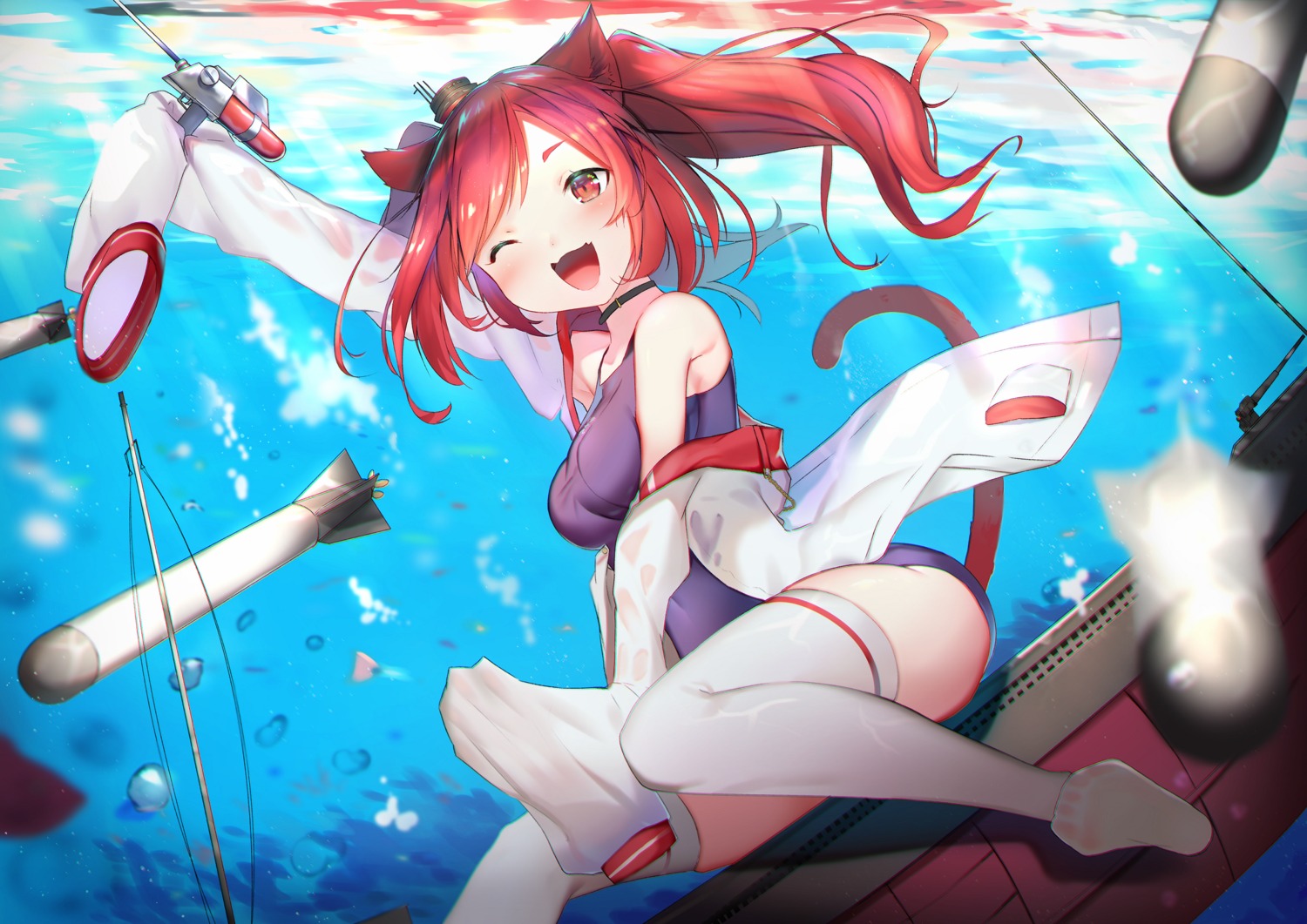 animal_ears, azur_lane, i-19_(azur_lane), isaka_wasabi, nekomimi, swimsuits, tail, thighhighs