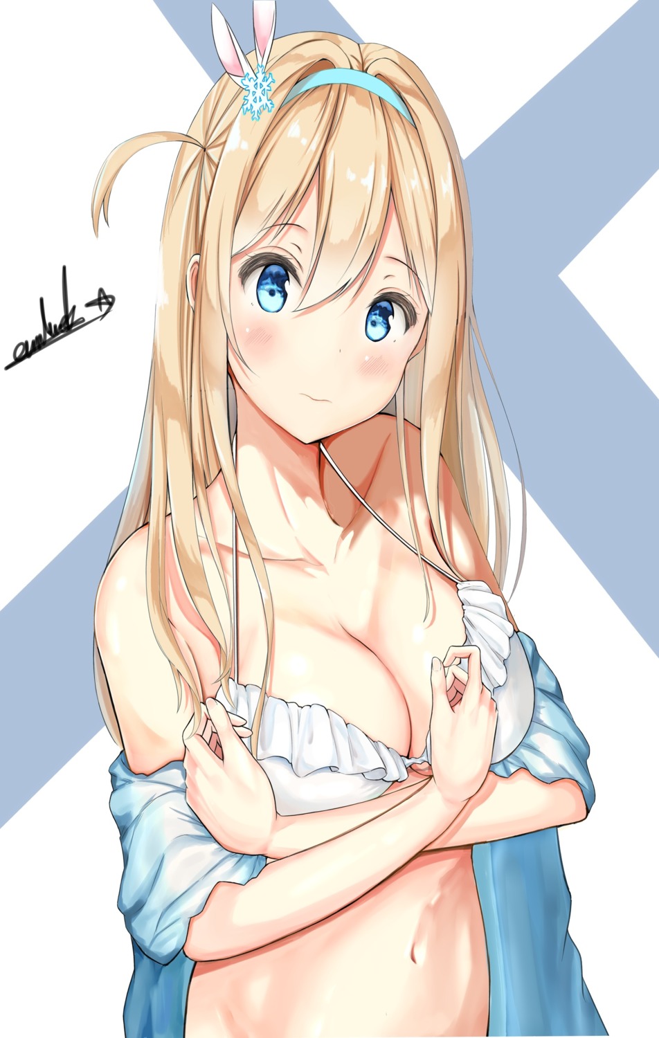 bikini_top, breast_hold, cleavage, emimeku, girls_frontline, open_shirt, suomi_kp31_(girls_frontline), swimsuits