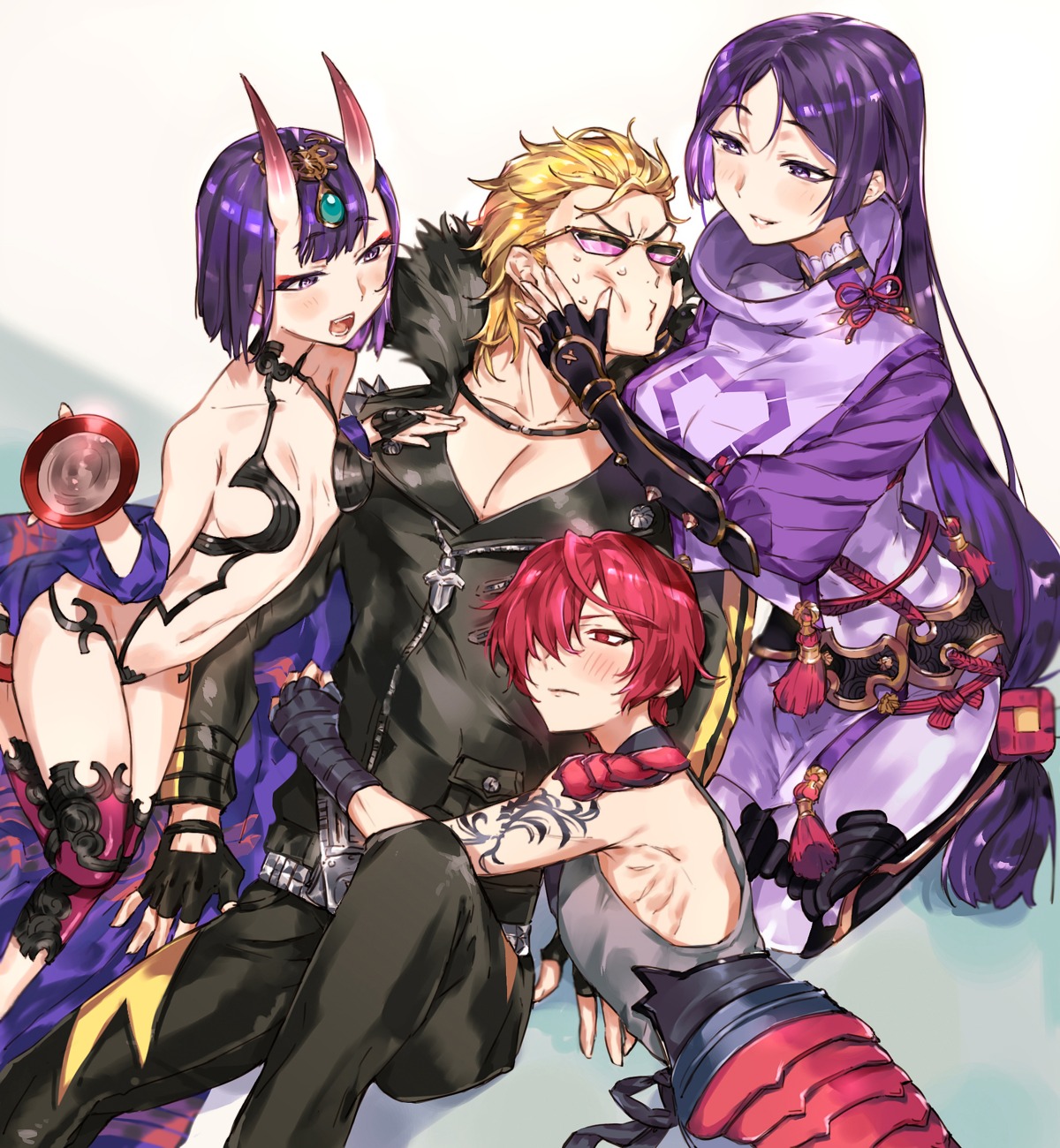bodysuit, fate/grand_order, fuuma_kotarou_(fate), horns, japanese_clothes, minamoto_no_raikou_(fate), nekoyashiki_pushio, no_bra