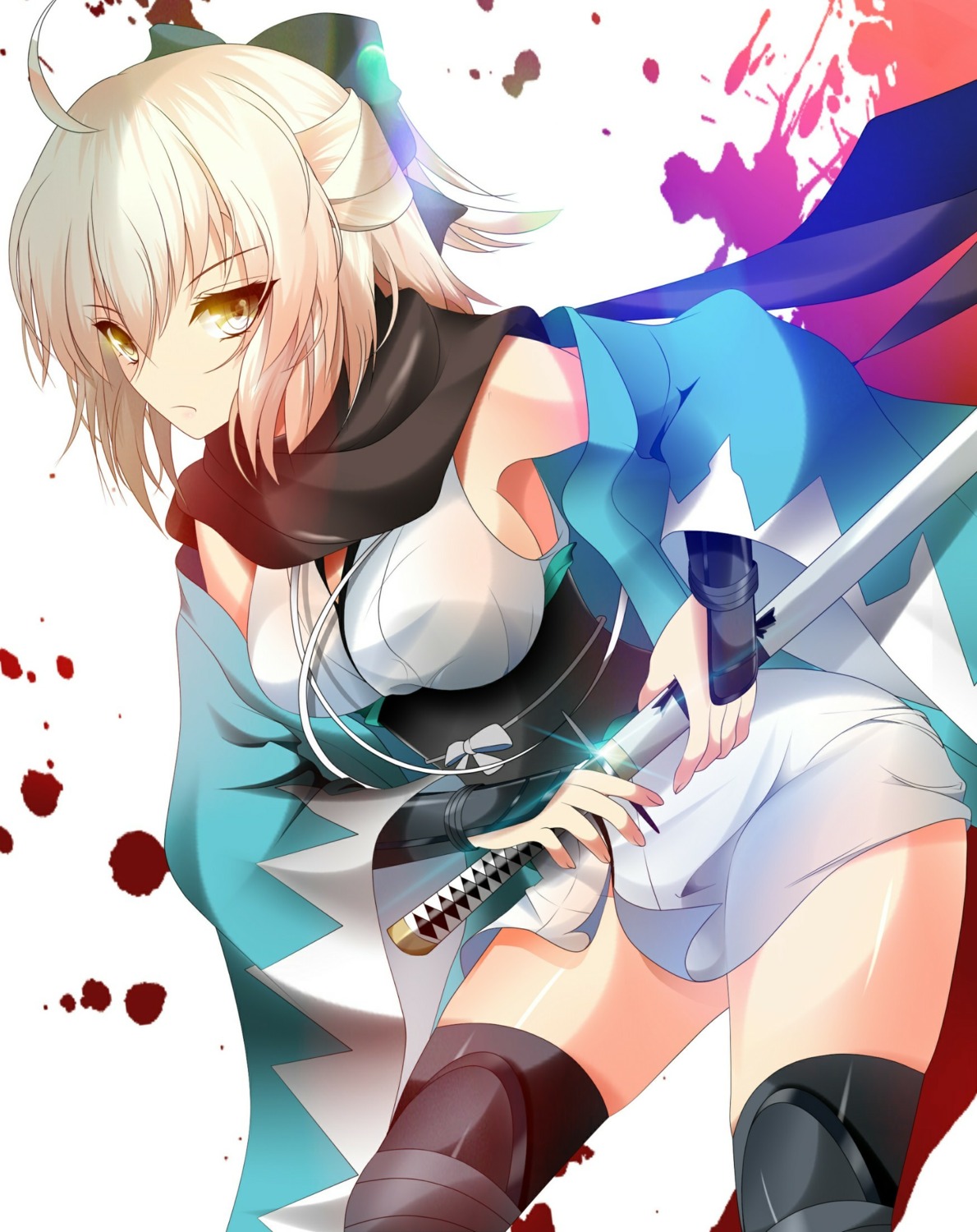 fate/grand_order, japanese_clothes, okita_souji_(fate), sword, thighhighs, yahoo0124