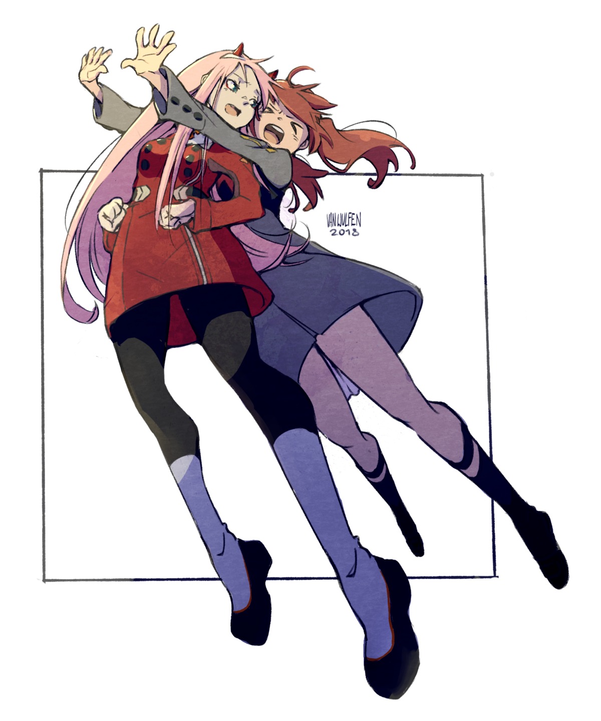 darling_in_the_franxx, horns, miku_(darling_in_the_franxx), pantyhose, uniform, van_wulfen, zero_two_(darling_in_the_franxx)