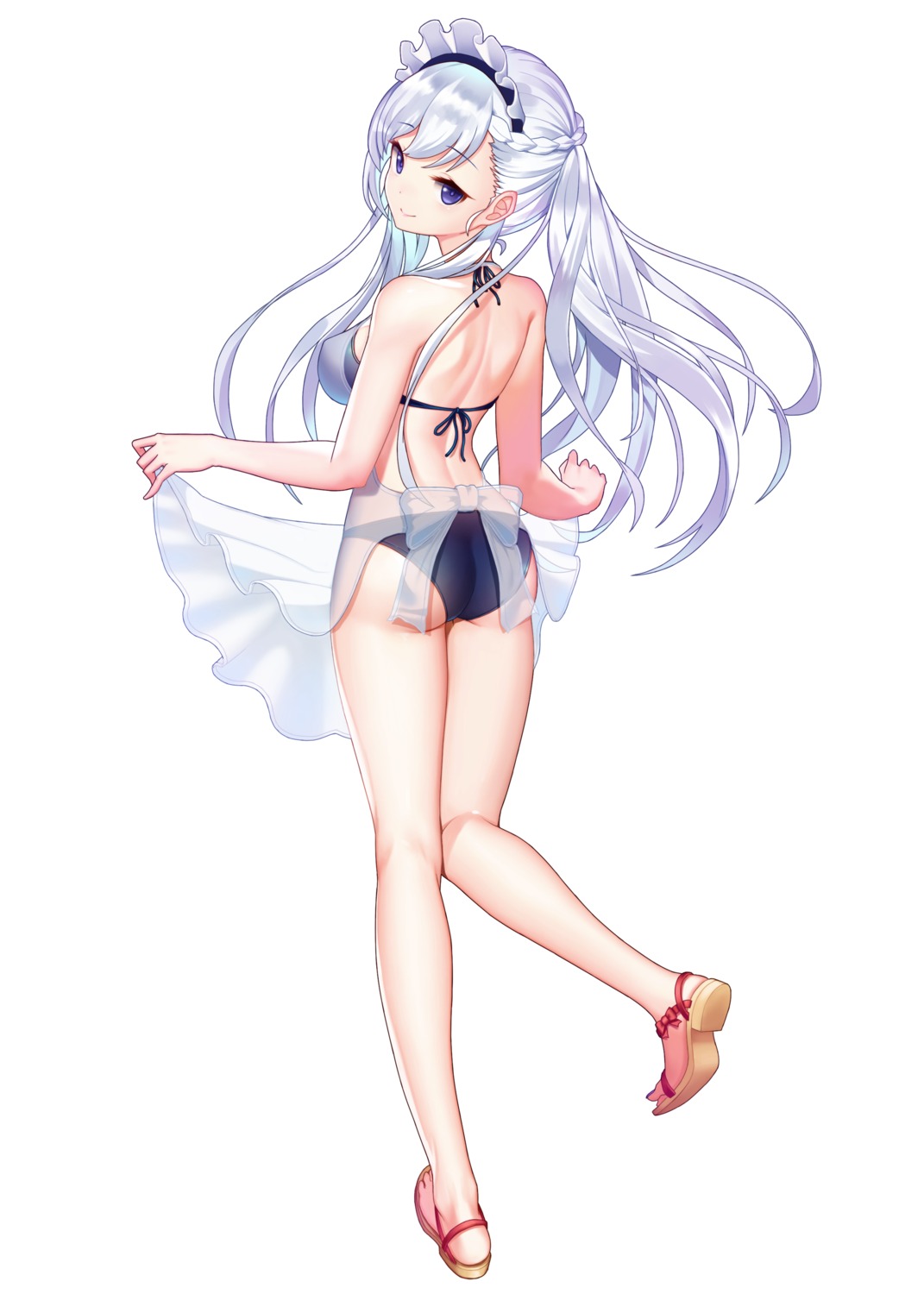 ass, azur_lane, belfast_(azur_lane), bikini, heels, kim_nico, maid, see_through, skirt_lift, swimsuits