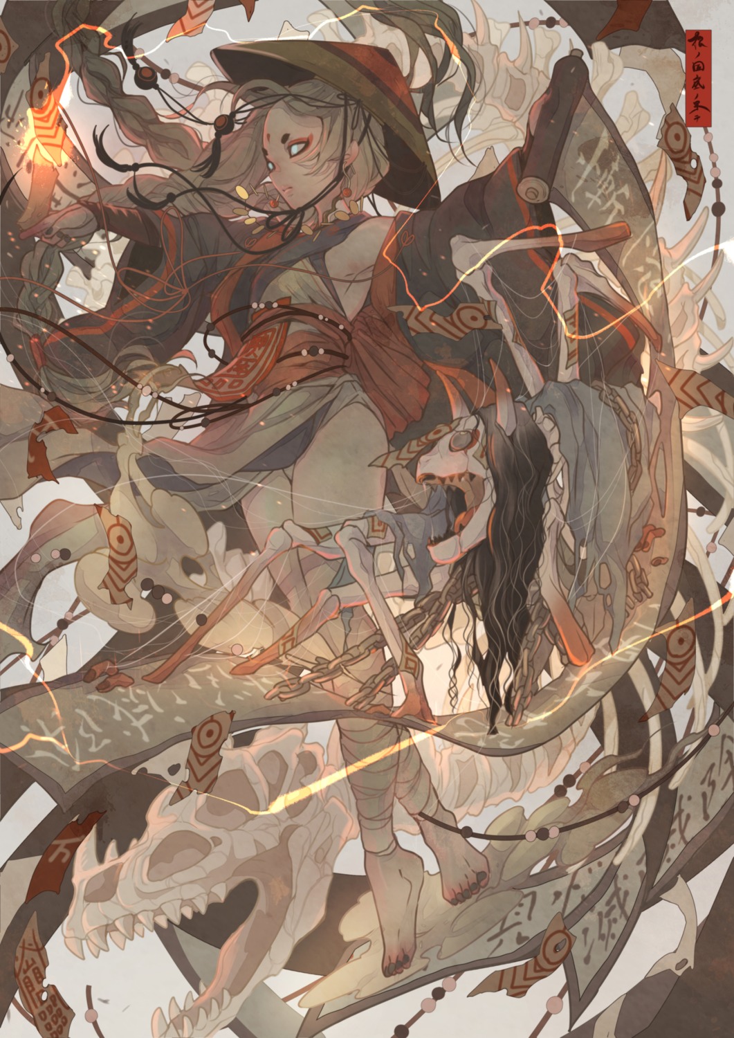 bandages, japanese_clothes, monster, nanahara_shie, pantsu, skirt_lift