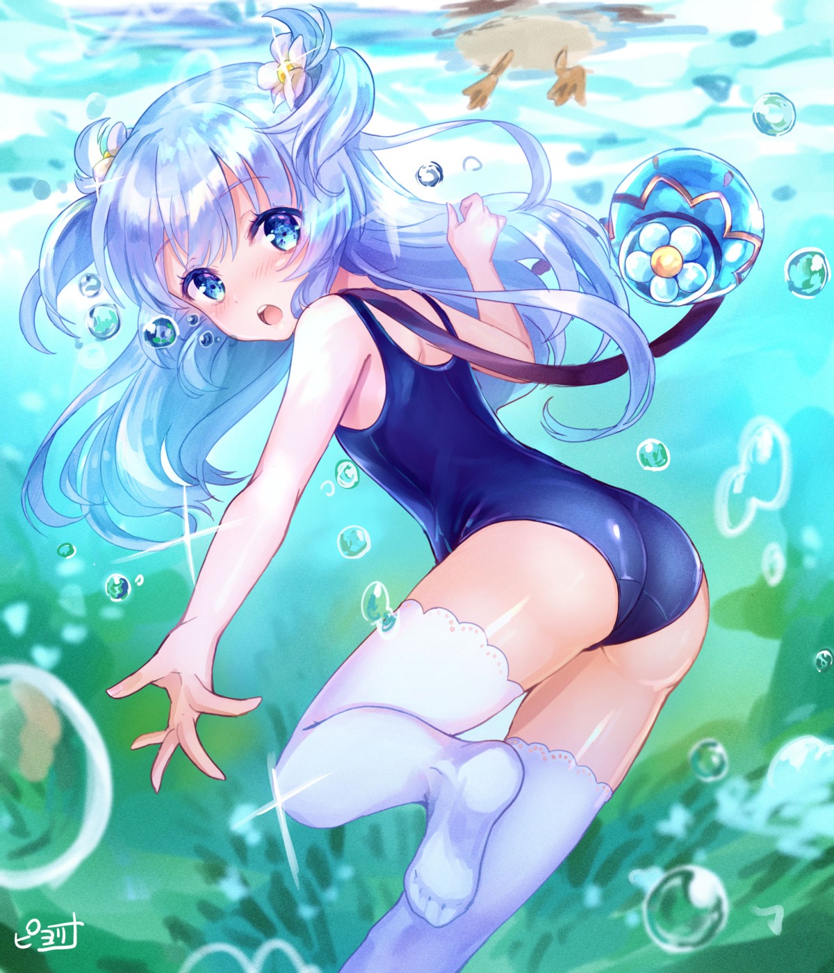 ass, baikamo_(flower_knight_girl), feet, flower_knight_girl, piyoyanagi, school_swimsuit, swimsuits, thighhighs