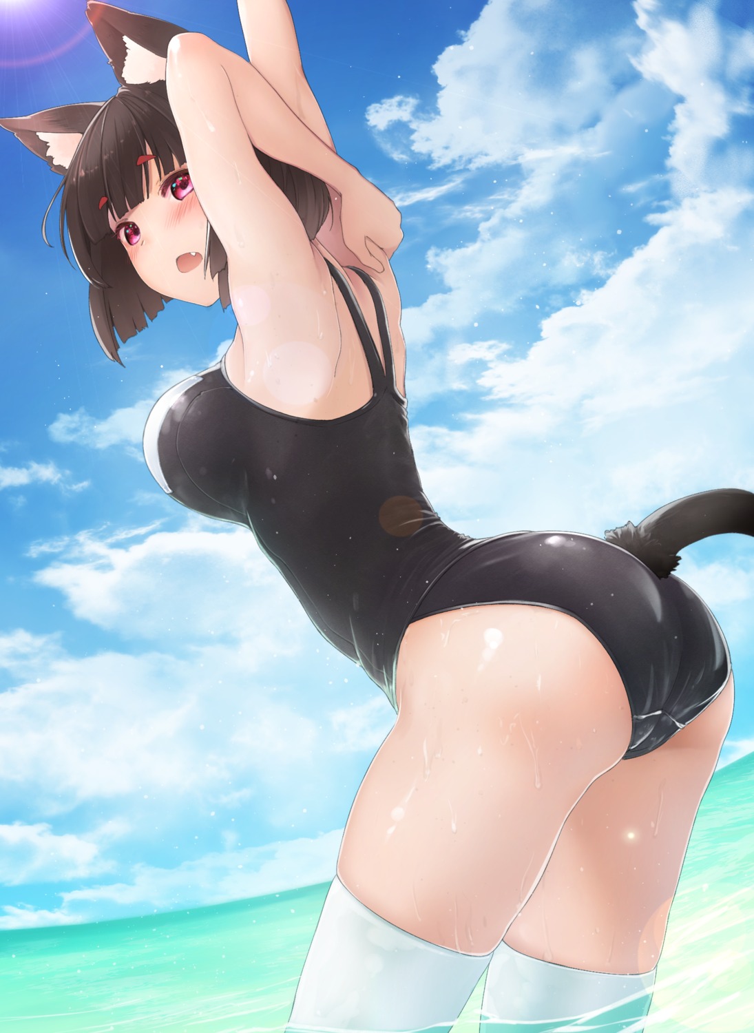 animal_ears, ass, azur_lane, school_swimsuit, sumi_(kjtd2458), swimsuits, tail, thighhighs, wet, yamashiro_(azur_lane)