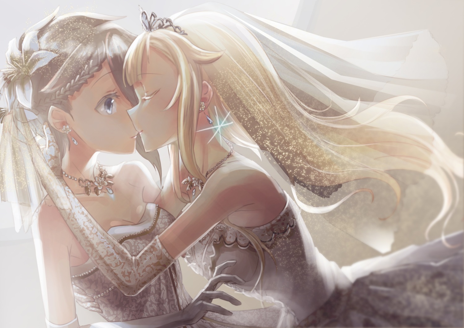 ange_(princess_principal), cleavage, dress, princess_(princess_principal), princess_principal, silverfox_raito, wedding_dress, yuri