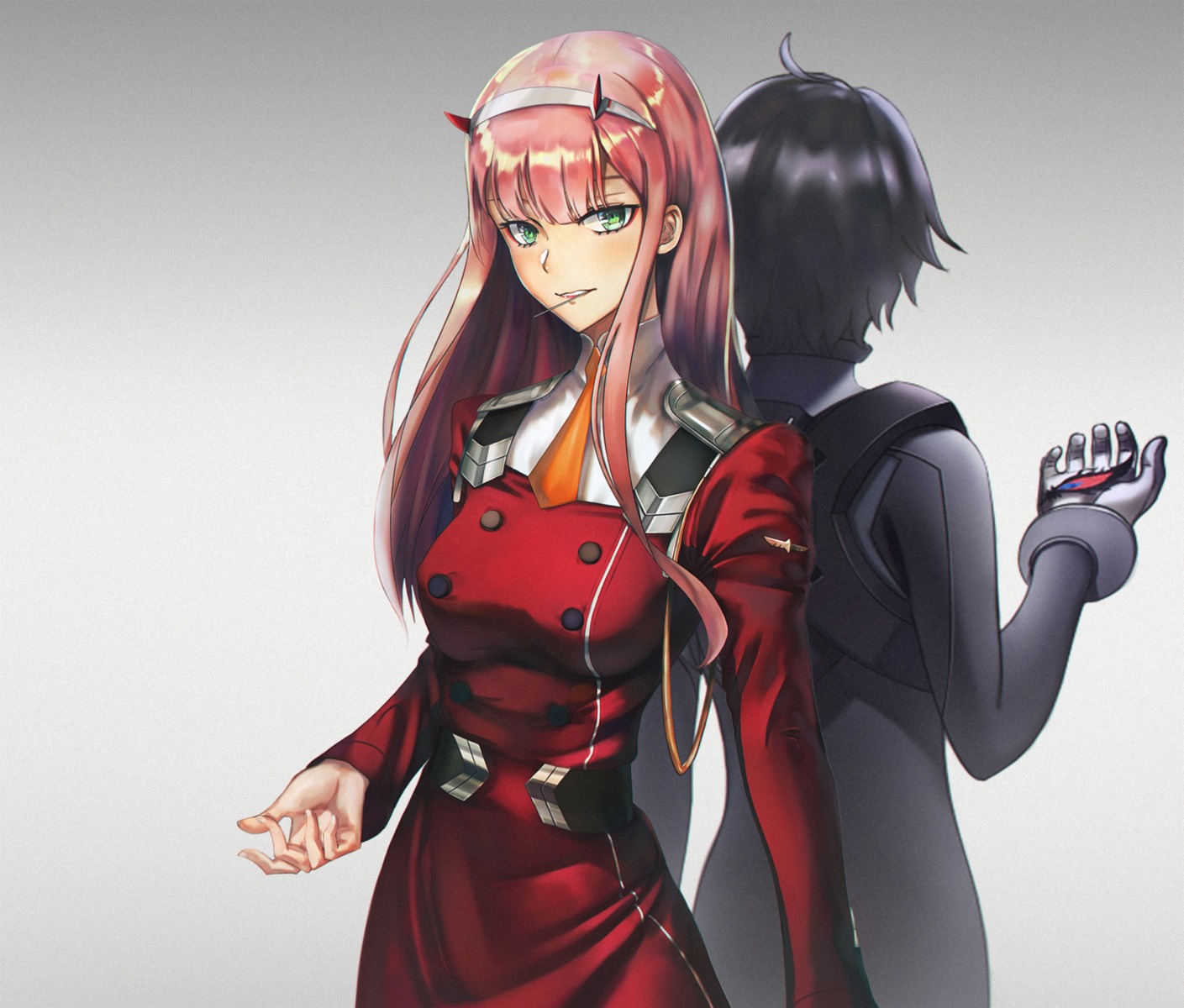 bodysuit, darling_in_the_franxx, hiro_(darling_in_the_franxx), horns, murasaki_saki, uniform, zero_two_(darling_in_the_franxx)