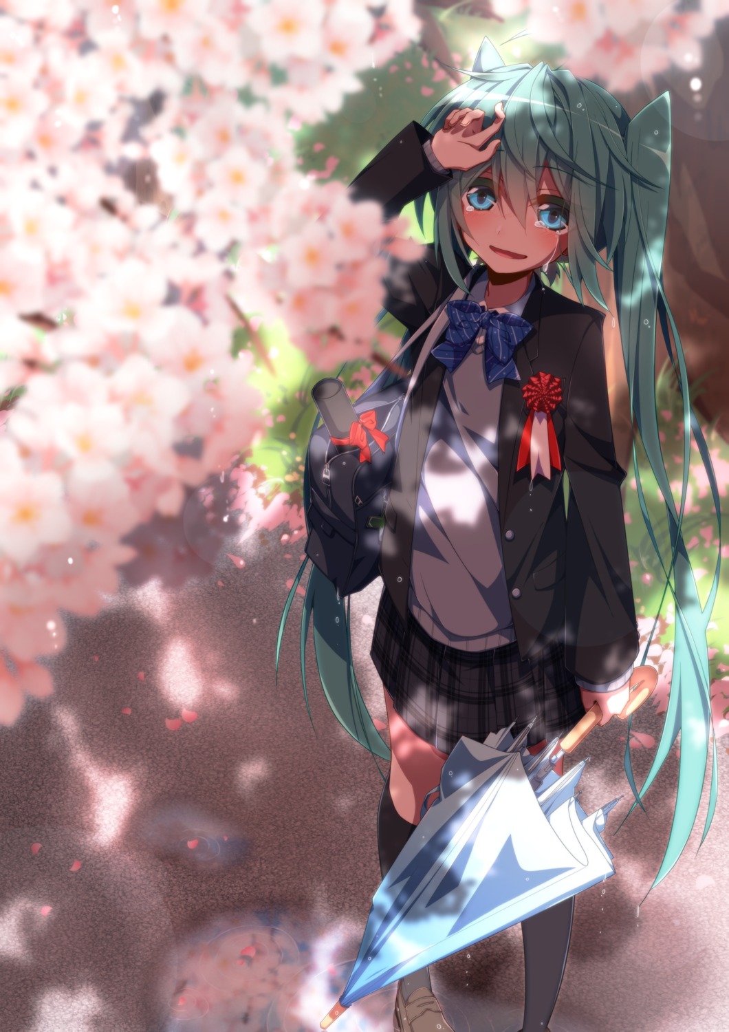 aosaki_yato, hatsune_miku, seifuku, sweater, thighhighs, umbrella, vocaloid