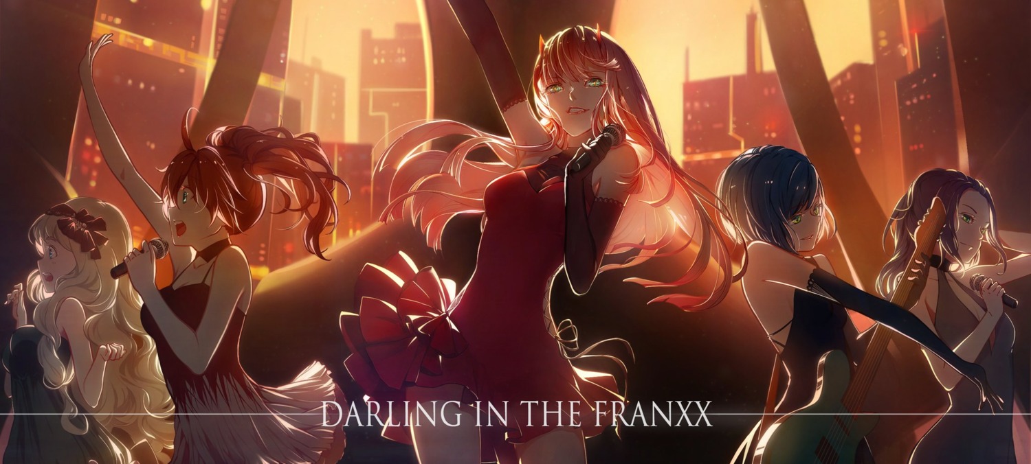 chenaze57, cleavage, darling_in_the_franxx, dress, guitar, horns, ichigo_(darling_in_the_franxx), ikuno_(darling_in_the_franxx)