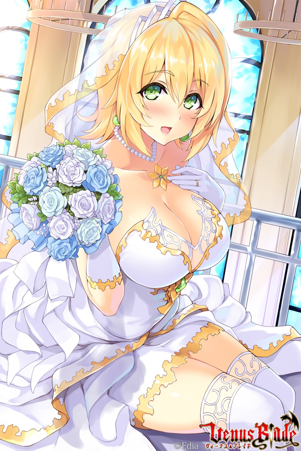 cleavage, dress, hisen_kaede, thighhighs, venus_blade, wedding_dress