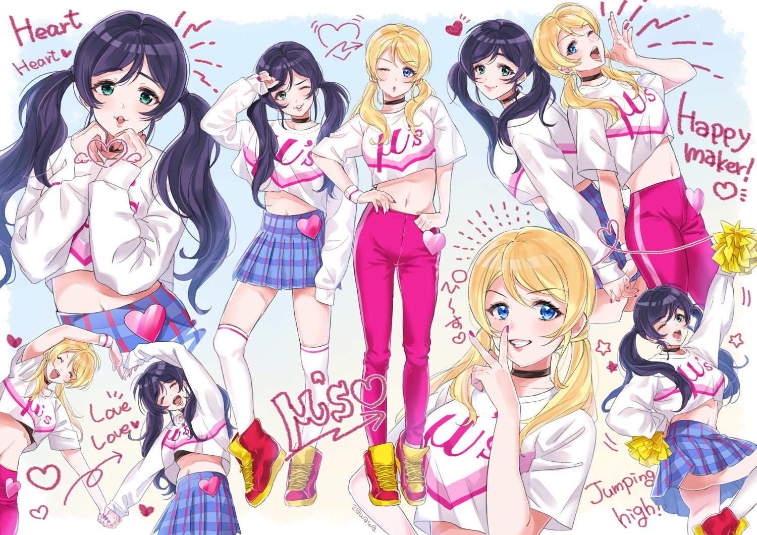 ayase_eli, cheerleader, love_live!, love_live!_(series), thighhighs, toujou_nozomi, zawawa_(satoukibi1108)