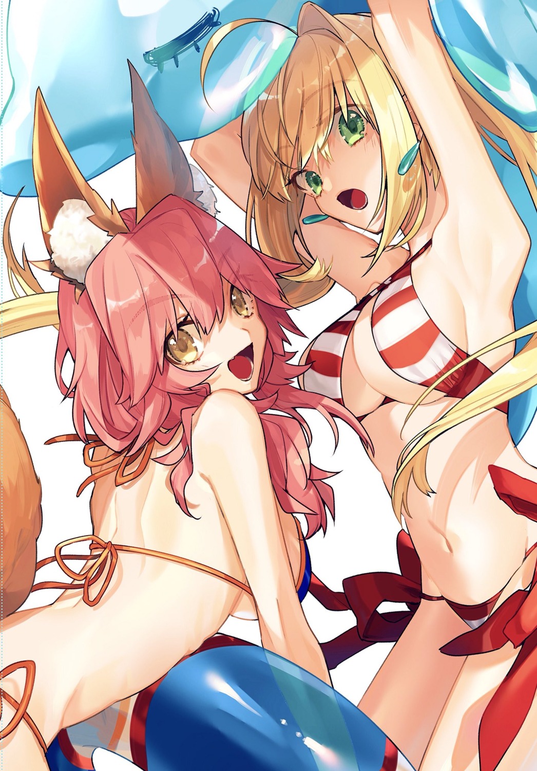 animal_ears, bikini, fate/grand_order, hino_hinako, nero_claudius_(fate), swimsuits, tail, tamamo_no_mae