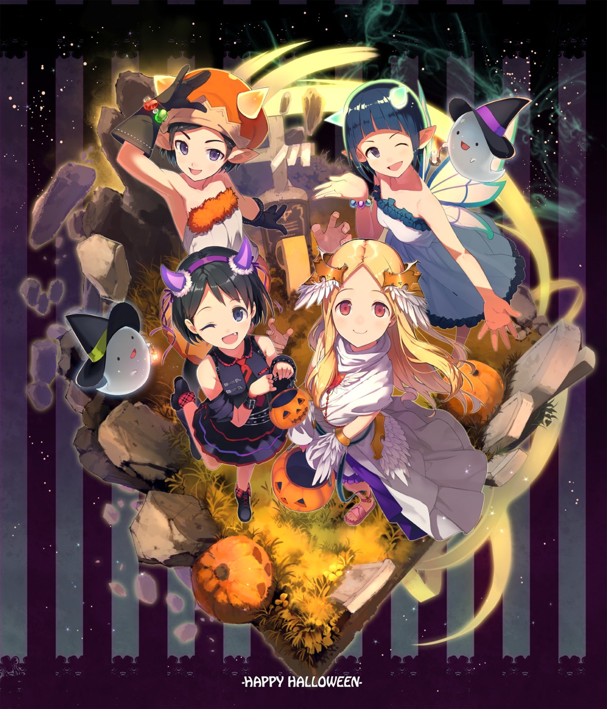 dress, halloween, heels, horns, matsuo_chizuru, mochizuki_hijiri, okazaki_yasuha, pointy_ears