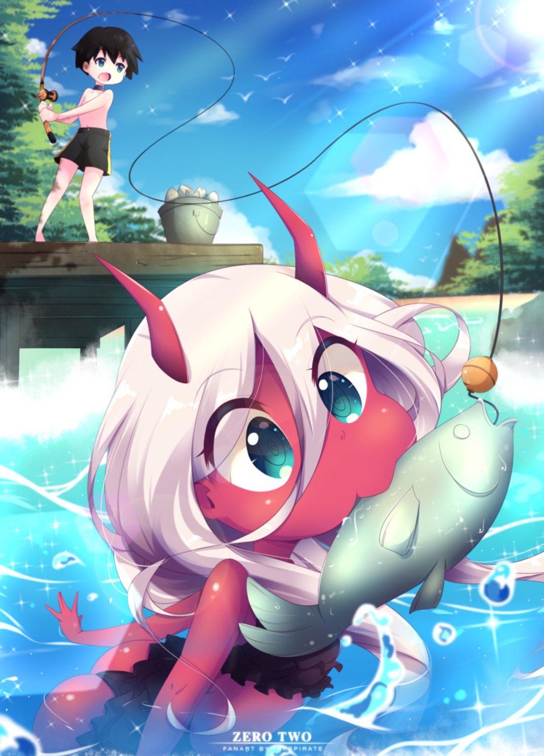 bikini, darling_in_the_franxx, hiro_(darling_in_the_franxx), horns, inkspirate, swimsuits, wet, zero_two_(darling_in_the_franxx)