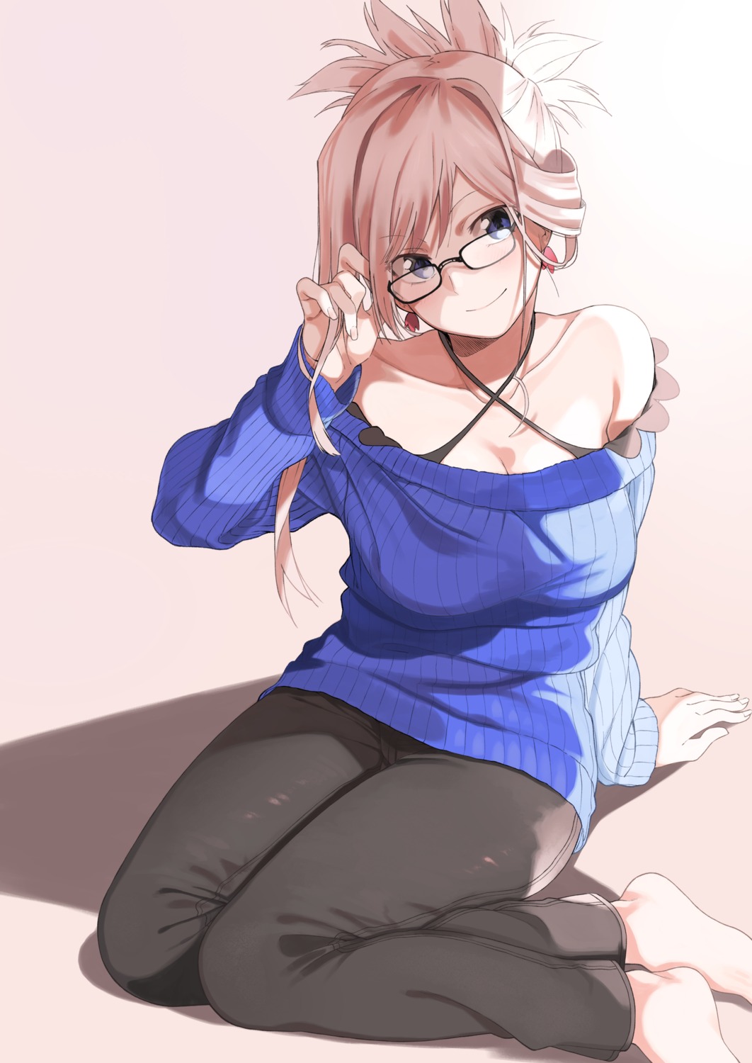 amu_(258shin), cleavage, fate/grand_order, megane, miyamoto_musashi_(fate), sweater