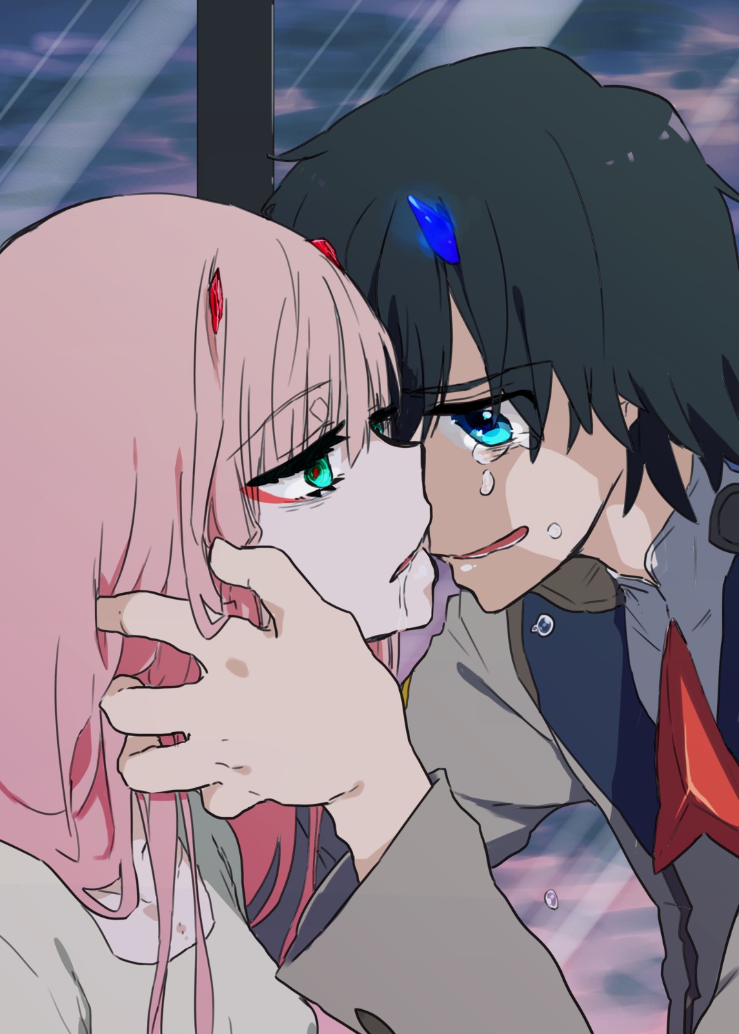 darling_in_the_franxx, hiro_(darling_in_the_franxx), horns, nikumanman, uniform, zero_two_(darling_in_the_franxx)
