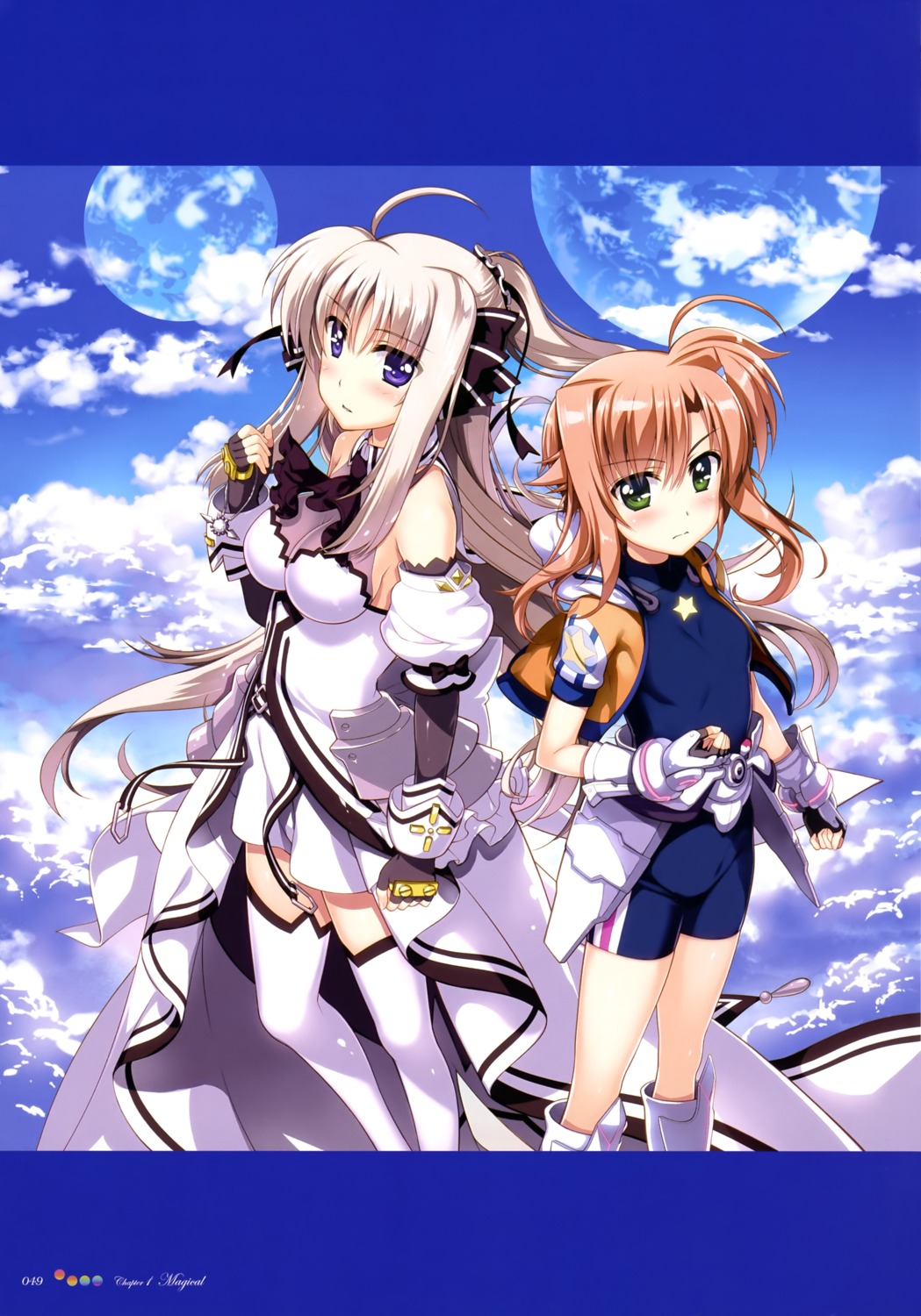bodysuit, fujima_takuya, mahou_shoujo_lyrical_nanoha, mahou_shoujo_lyrical_nanoha_vivid, miura_rinaldi, rinne_berlinetta, thighhighs, vivid_strike!
