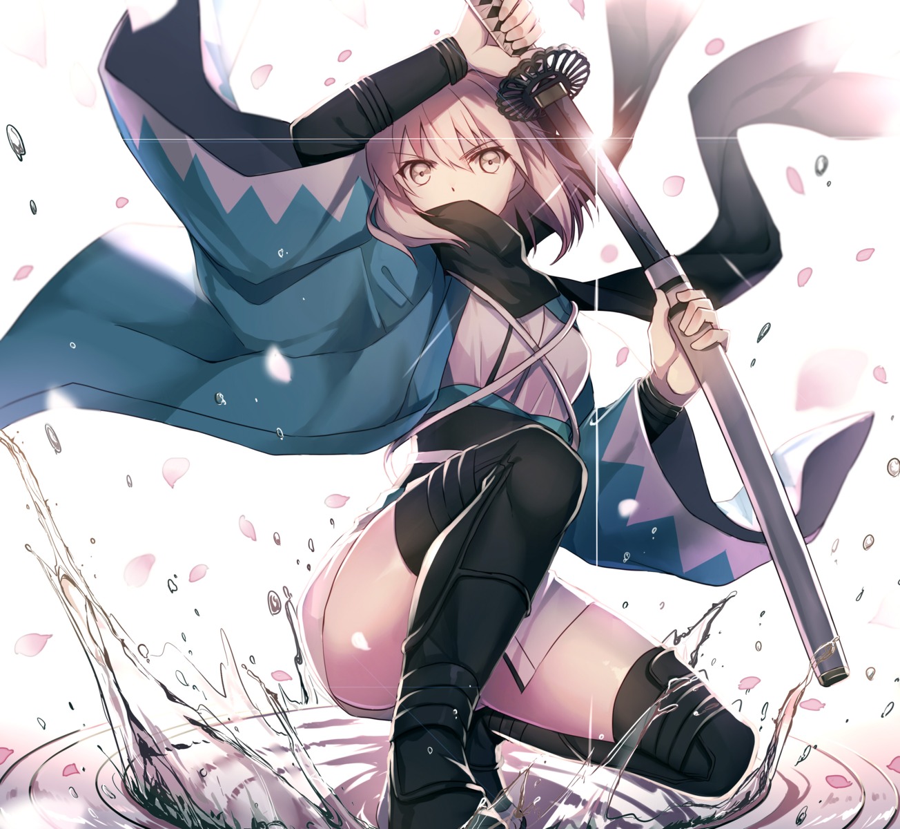 fate/grand_order, fumio_(kanmi), japanese_clothes, okita_souji_(fate), sword, thighhighs