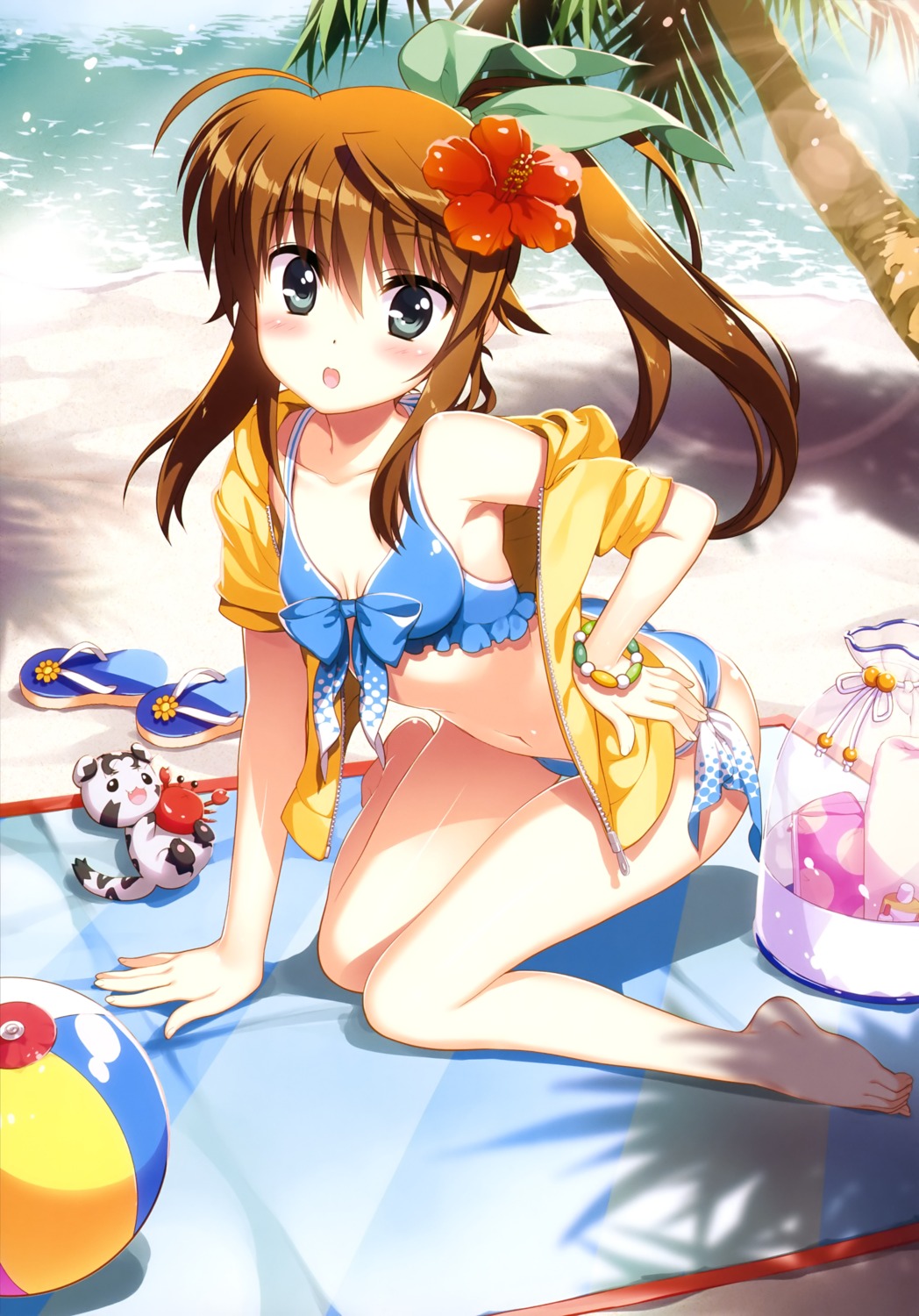 bikini, cleavage, fujima_takuya, fuuka_reventon, huracan_(vivid_strike!), mahou_shoujo_lyrical_nanoha, open_shirt, swimsuits