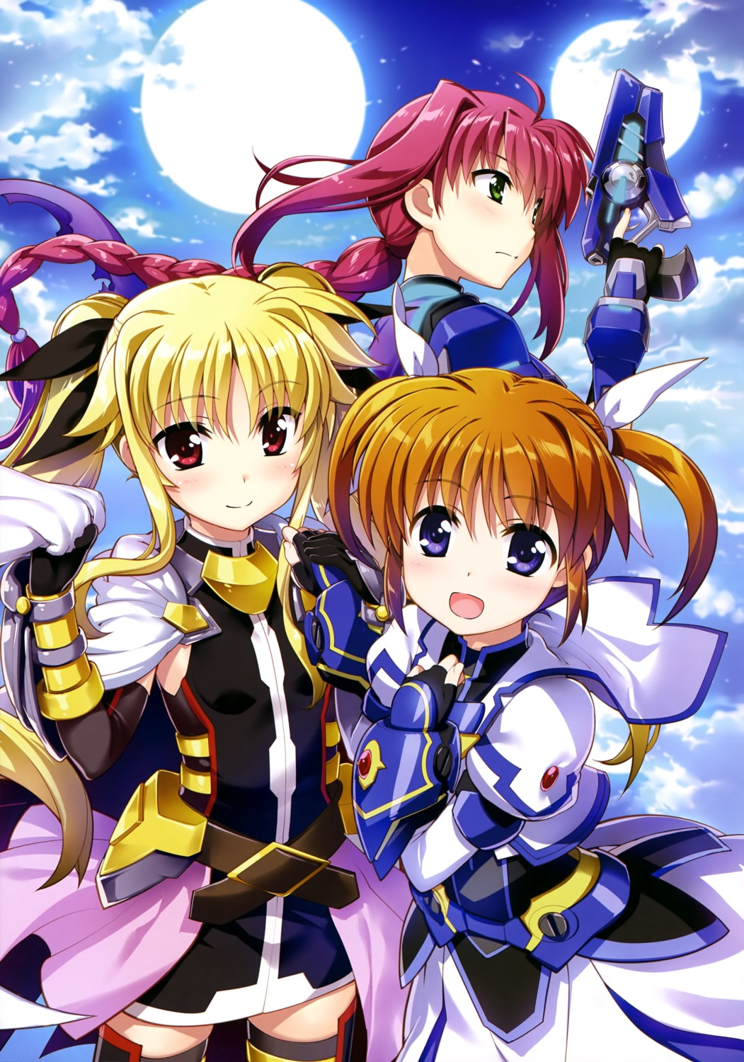 amitie_florian, fate_testarossa, fujima_takuya, gun, mahou_shoujo_lyrical_nanoha, mahou_shoujo_lyrical_nanoha_reflection, takamachi_nanoha, thighhighs