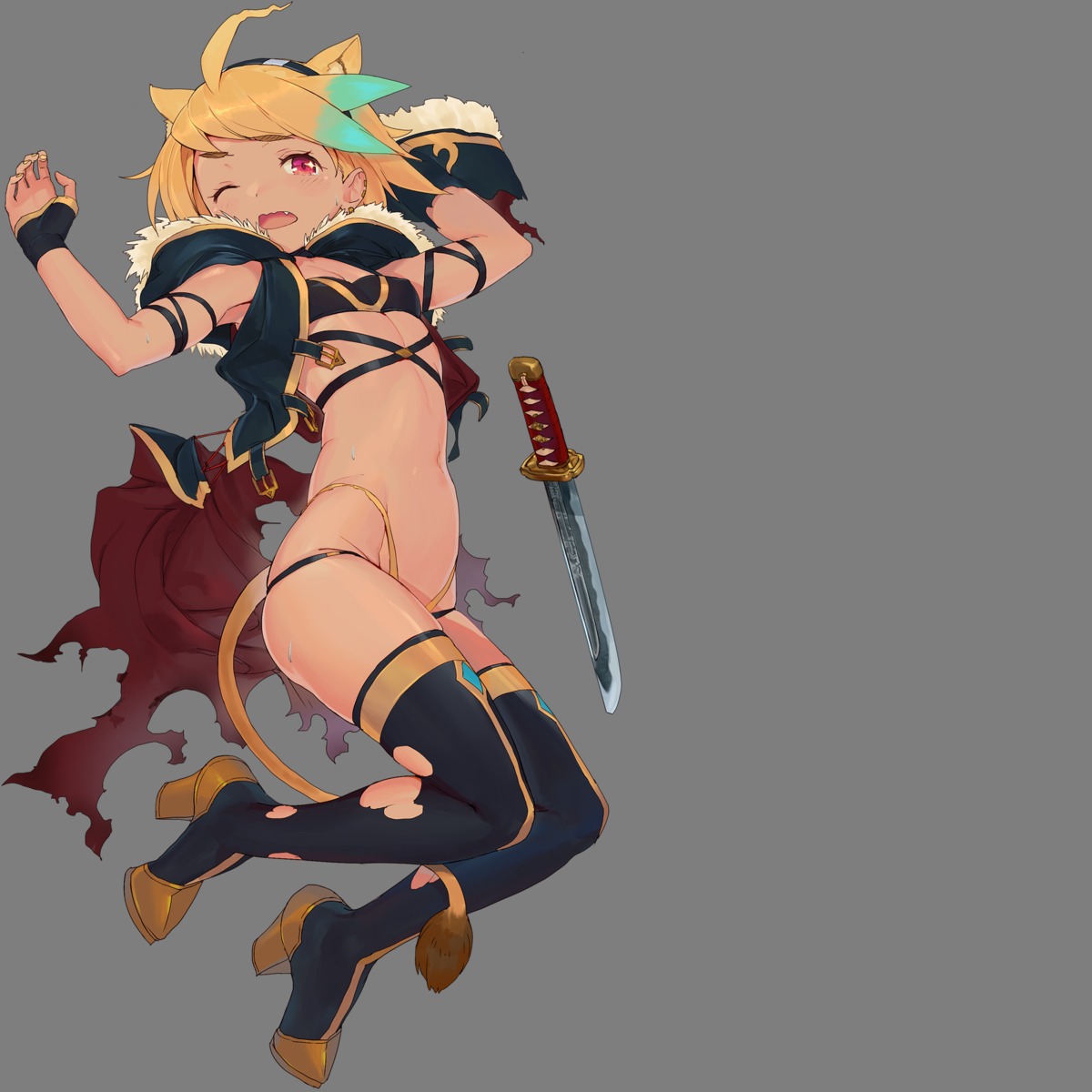 animal_ears, bikini_armor, cleavage, heels, open_shirt, peroshi, shishi_sadamune, tail