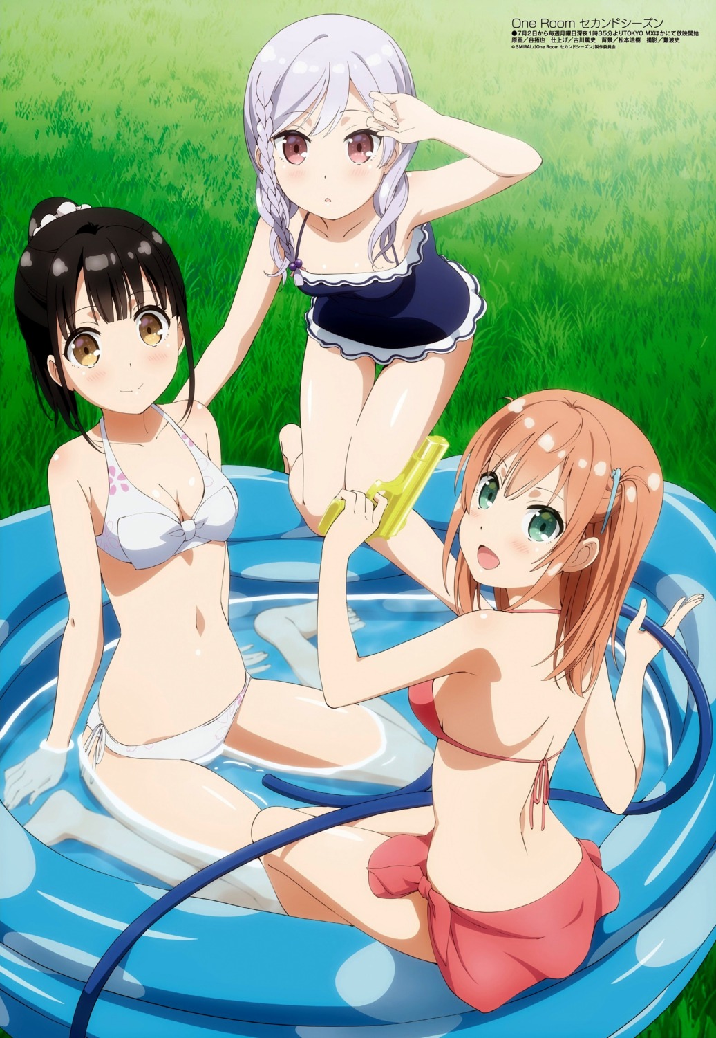 amatsuki_mashiro, bikini, cleavage, gun, hanasaka_yui, nanahashi_minori, one_room, swimsuits, tani_takuya, wet