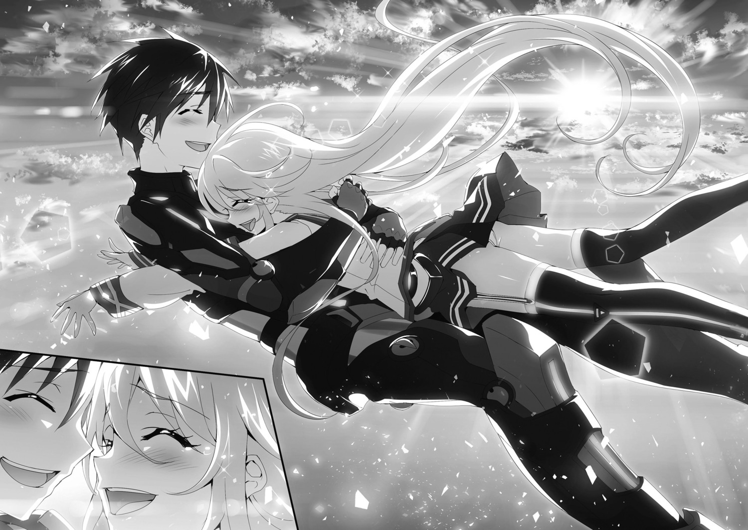 bodysuit, chidorigafuchi_aine, hida_kizuna, hisasi, masou_gakuen_hxh, monochrome, pantsu, skirt_lift