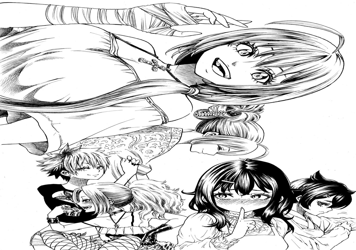 bandages, cleavage, fishnets, monochrome, takayama_akira