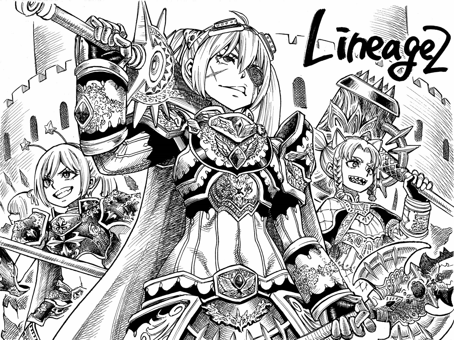 animal_ears, armor, eyepatch, lineage_2, monochrome, nekomimi, sword, takayama_akira