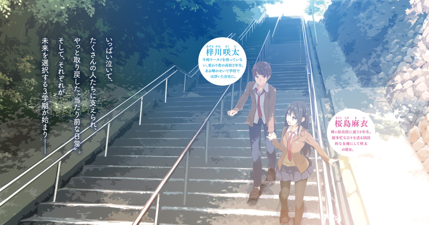 azusagawa_sakuta, landscape, mizoguchi_keiji, pantyhose, sakurajima_mai, seifuku, seishun_buta_yarou, sweater