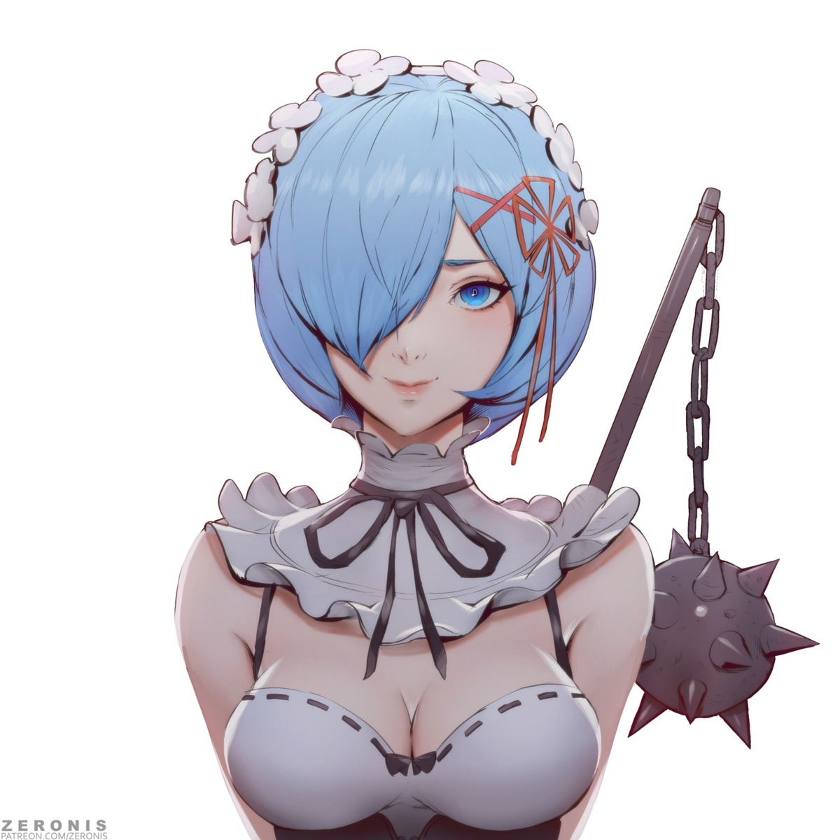 cleavage, maid, official_watermark, re:zero_kara_hajimeru_isekai_seikatsu, rem_(re_zero), weapon, zeronis