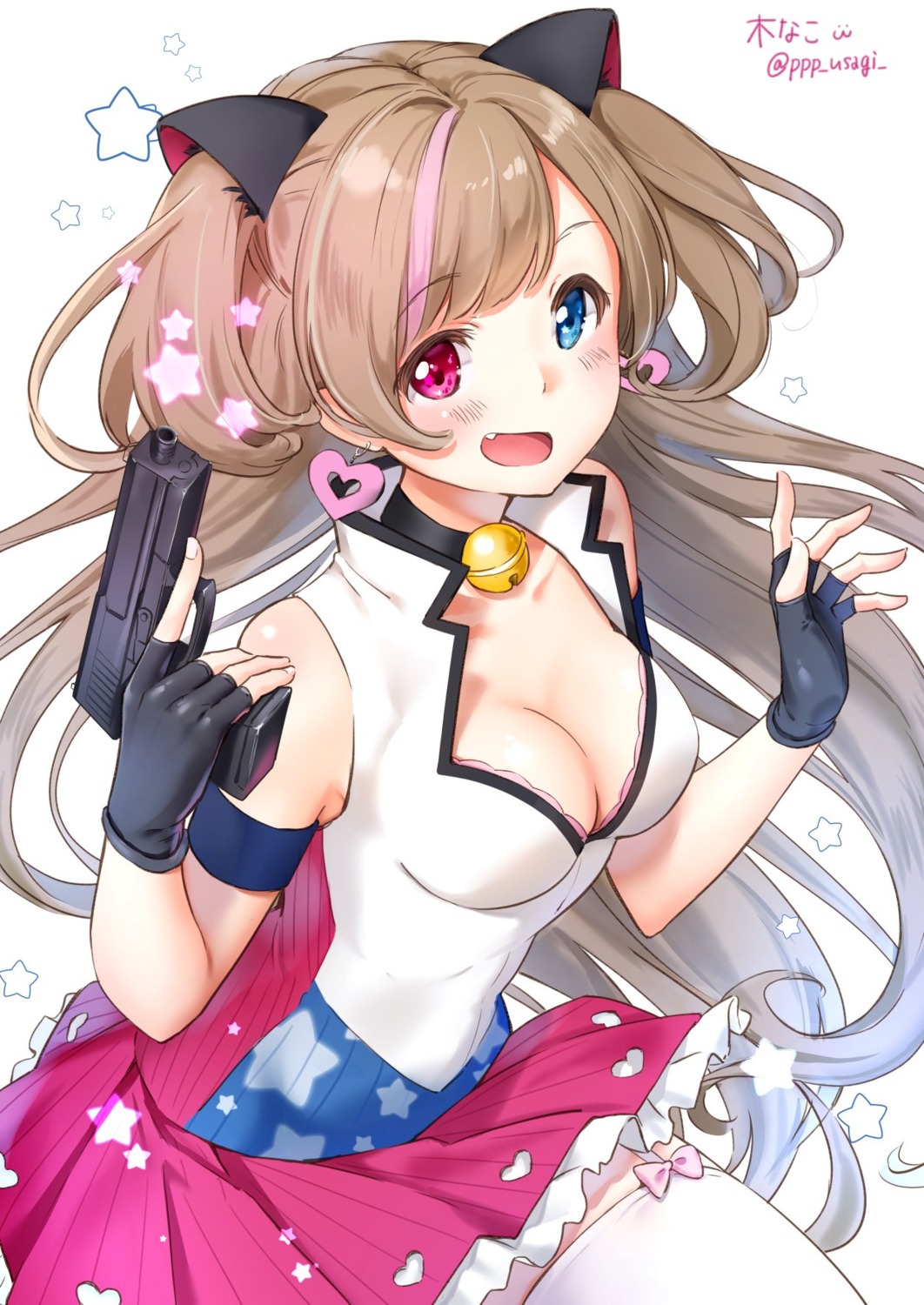animal_ears, cleavage, girls_frontline, gun, heterochromia, kinako_(shiratama_mochi), mk_23_(girls_frontline), nekomimi