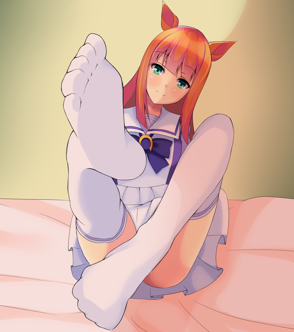 animal_ears, feet, seifuku, silence_suzuka_(umamusume), thighhighs, uechirou, uma_musume_pretty_derby