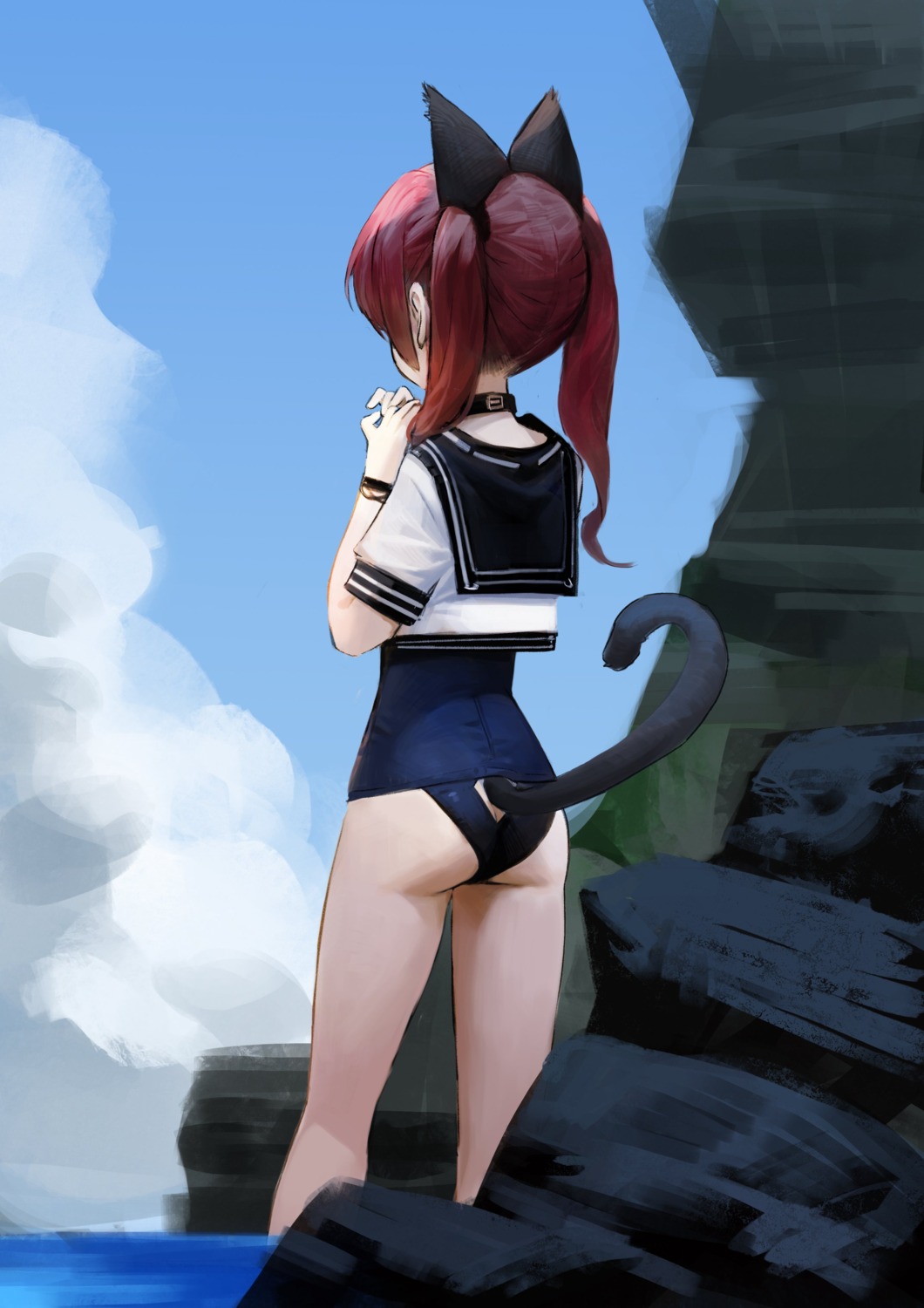 animal_ears, ass, dokshuri, school_swimsuit, seifuku, swimsuits, tail