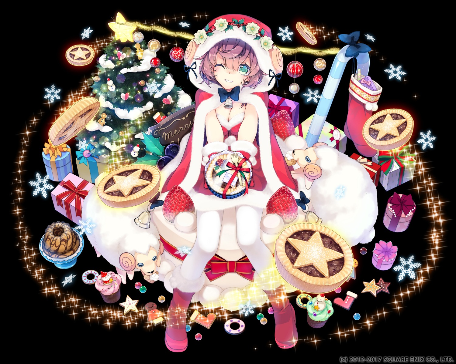 christmas, cleavage, dress, kairisei_million_arthur, pantyhose, saipaco