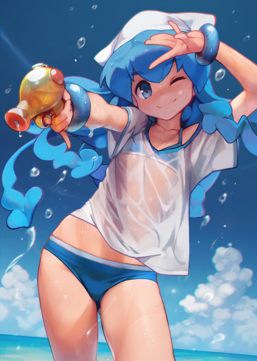 ataruman, bikini, gun, ikamusume, see_through, shinryaku!_ikamusume, swimsuits, wet_clothes
