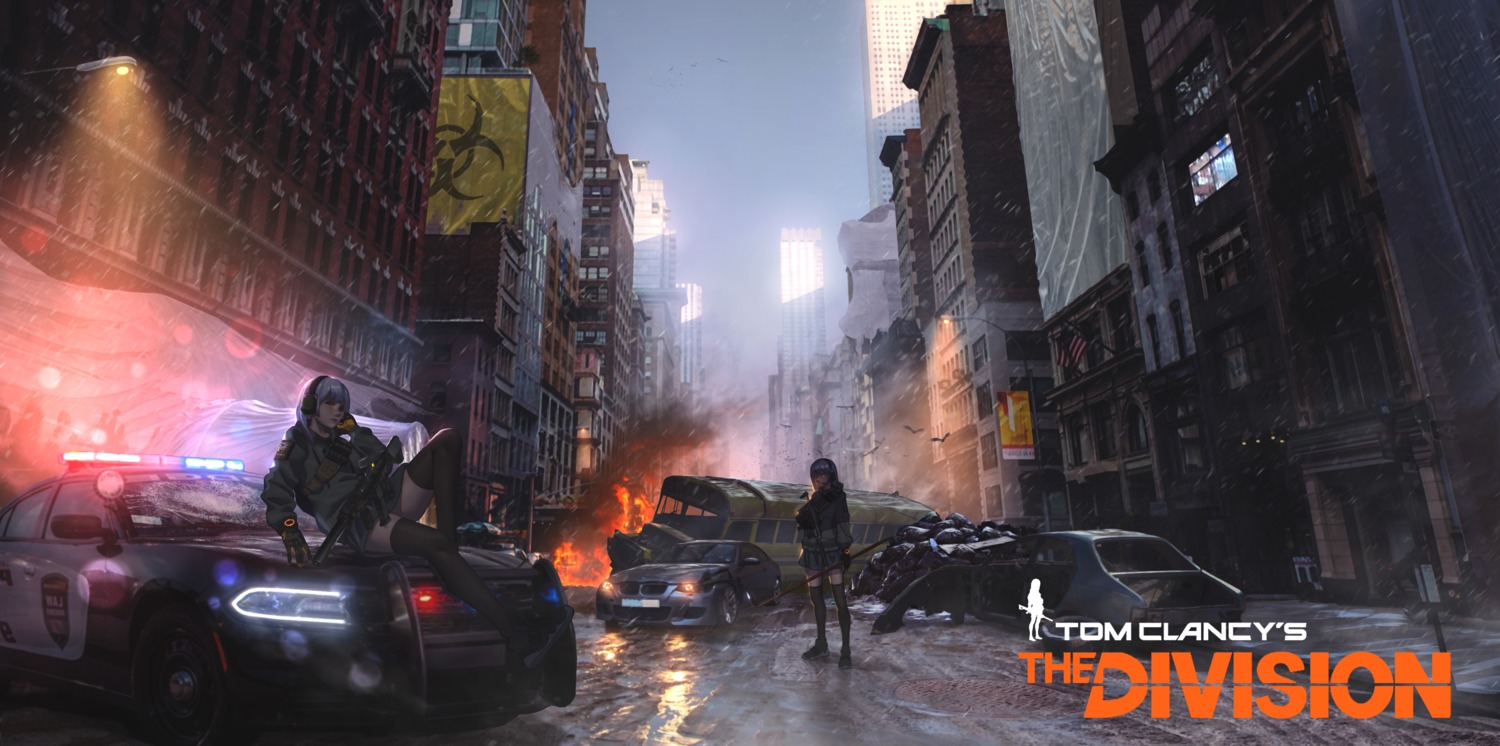 baka_(mh6516620), gun, headphones, landscape, thighhighs, tom_clancy's_the_division, weapon