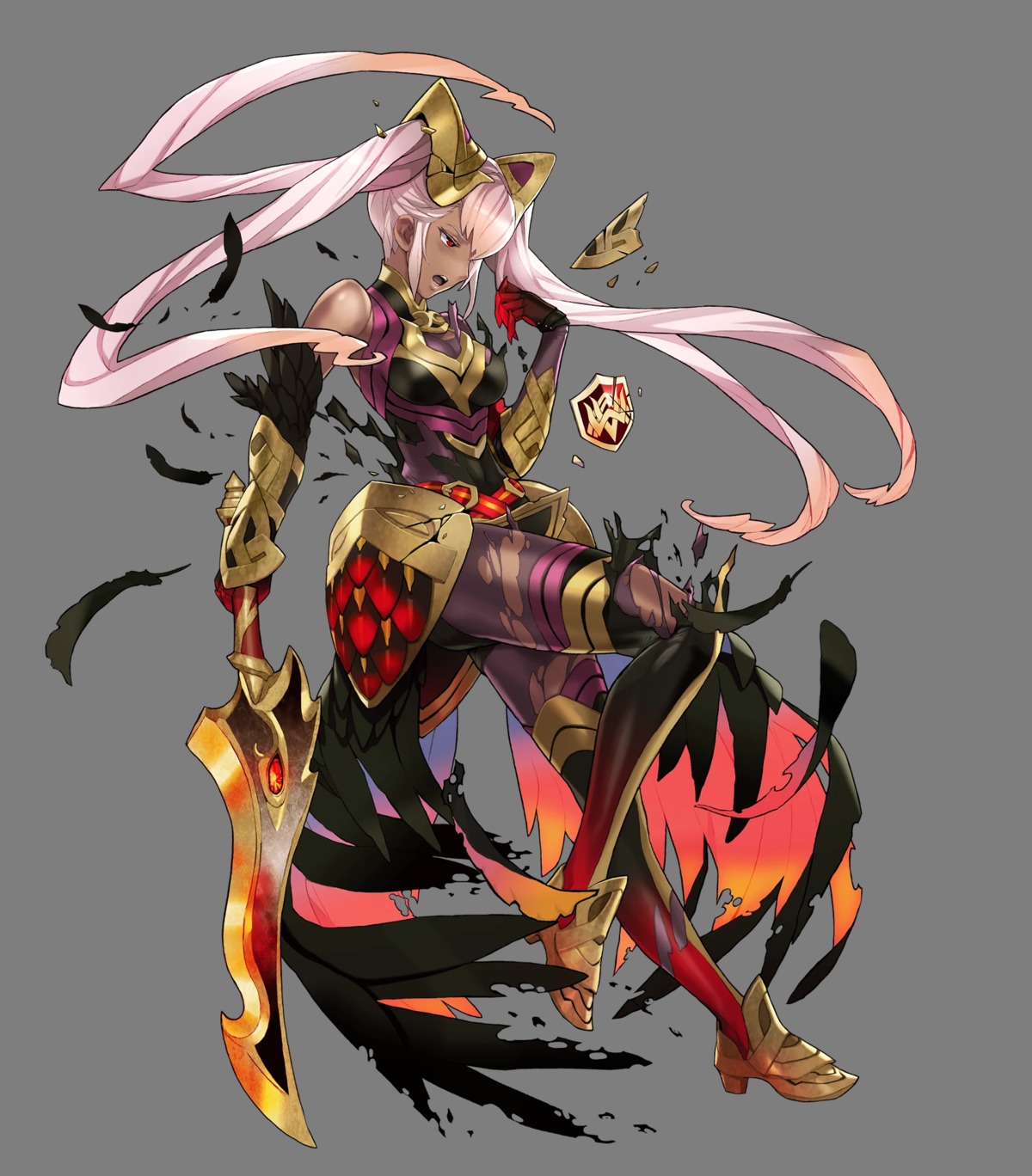 armor, bodysuit, fire_emblem, fire_emblem_heroes, heels, laevatein_(fire_emblem), maeshima_shigeki, nintendo, sword, torn_clothes, transparent_png